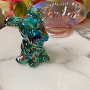 Fenton Spruce Green Carnival Iridescent Glass Scotty Dog